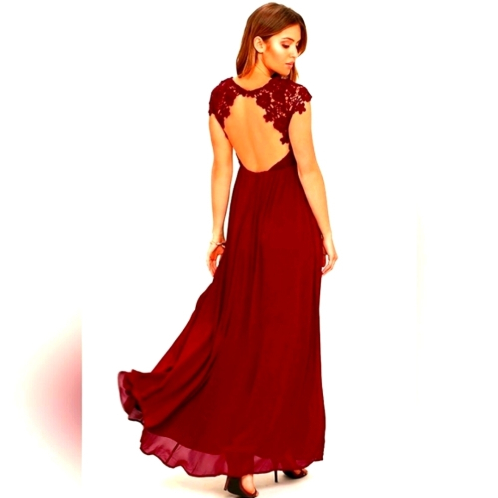 LULUS The Greatest Lace Maxi Dress Burgundy Crew Backless Cap Sleeves Sz SM NWT - Picture 6 of 15